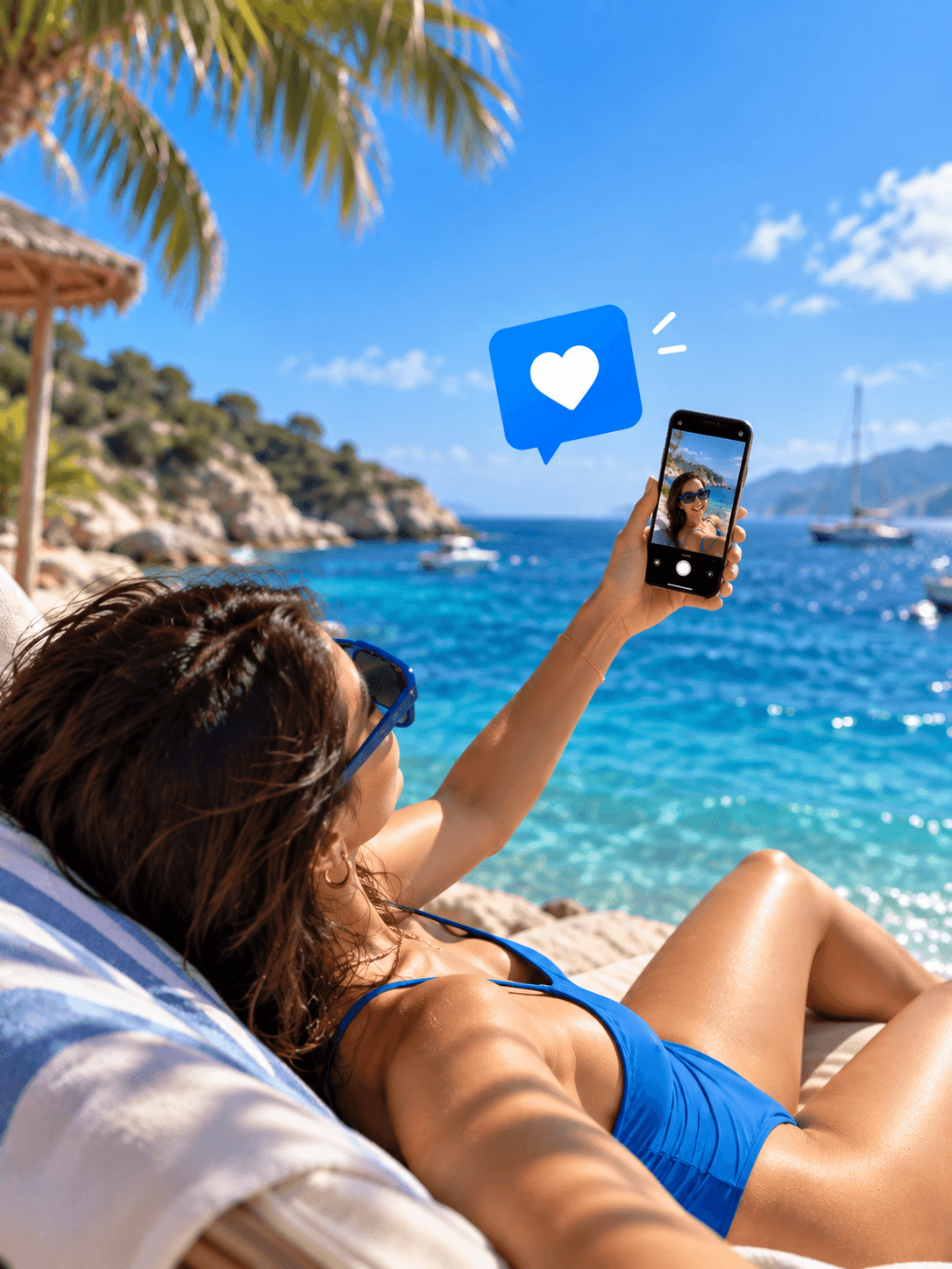 A traveller on a sun lounger by a turquoise bay, liking a photo on her phone