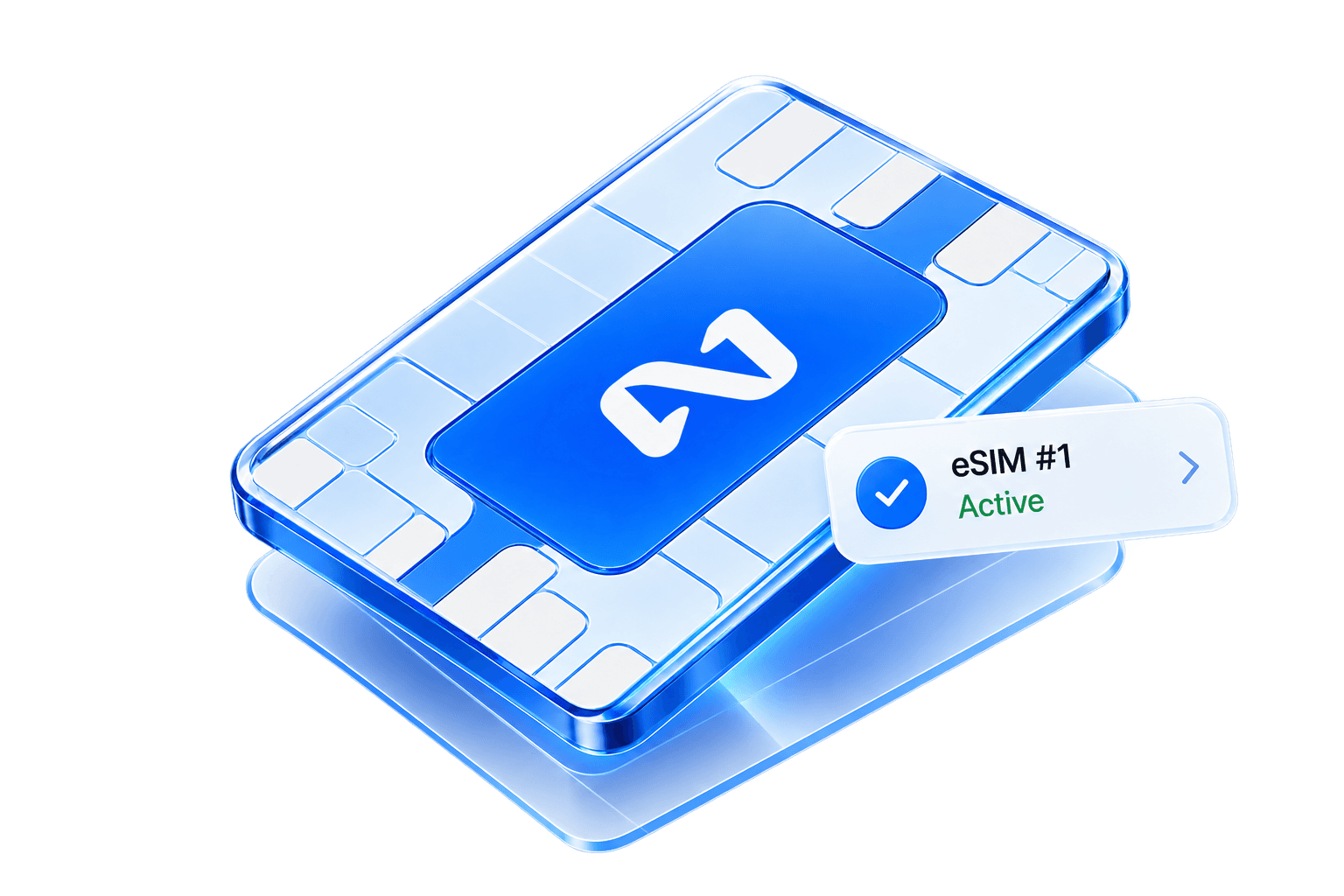 An eSIM Net profile shown as a digital SIM chip, marked active